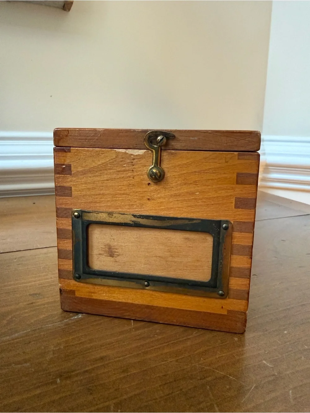 Vintage Dovetailed Wooden Card Catalog Storage Box with brass hardware